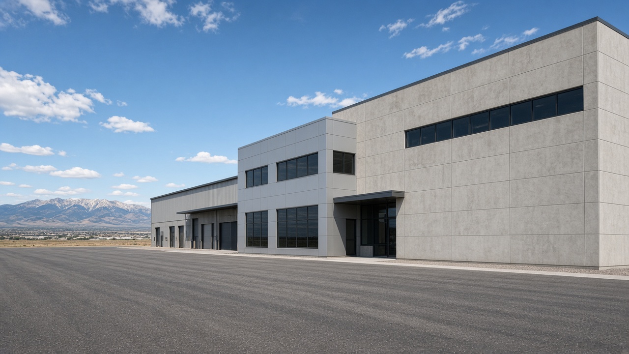 Warehouse-adjacent commercial exterior in dry Colorado daylight