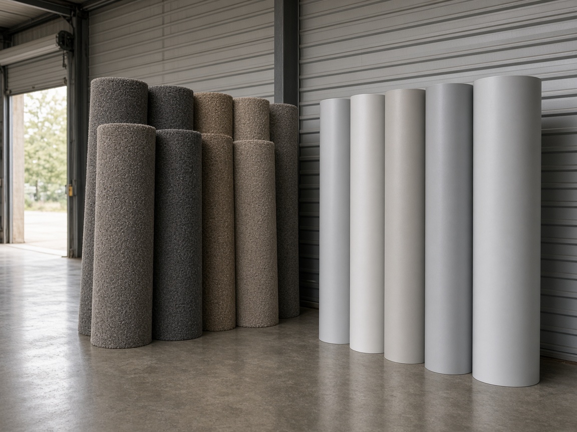 Rolled carpet and resilient sheet staged in a warehouse bay